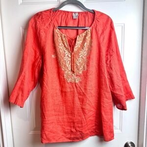 Chico's Gold Lace Tangelo Linen Top Tunic with Neck Detail, 3/4 Sleeve, 12/14